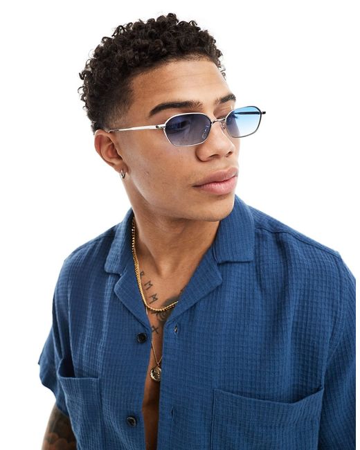 Asos Design slim oval sunglasses with blue lens