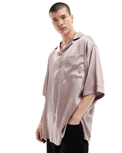 Asos Design short sleeve oversized bowling shirt with revere collar dusty