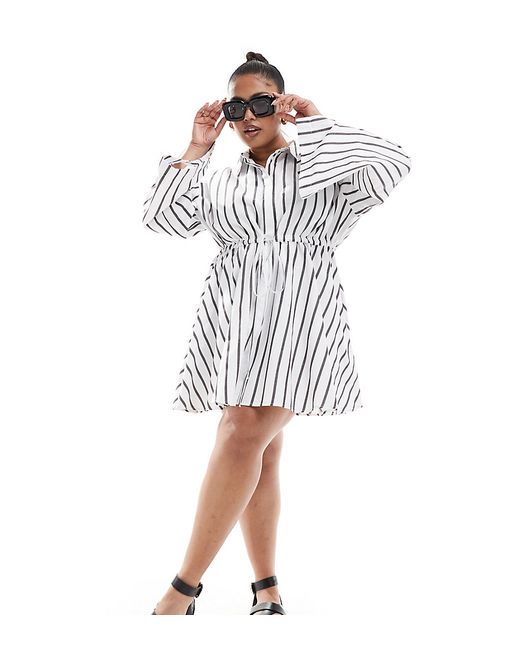ASOS Curve DESIGN Curve mini shirt dress with ruched belt detail monochrome stripe-