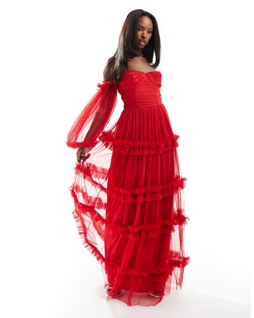 Lace and Beads sheer sleeve tulle ruffle maxi dress
