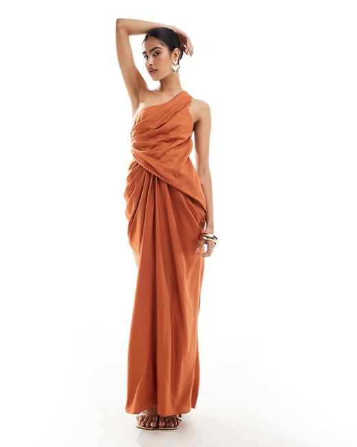 Asos Design one shoulder draped maxi dress with full skirt rust-
