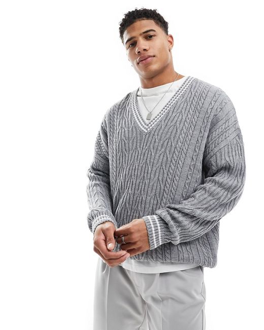 Asos Design oversized cable knit cricket sweater with white tipping