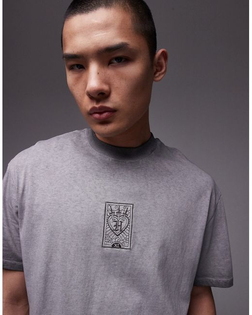 Topman oversized fit T-shirt with playing card embroidery washed