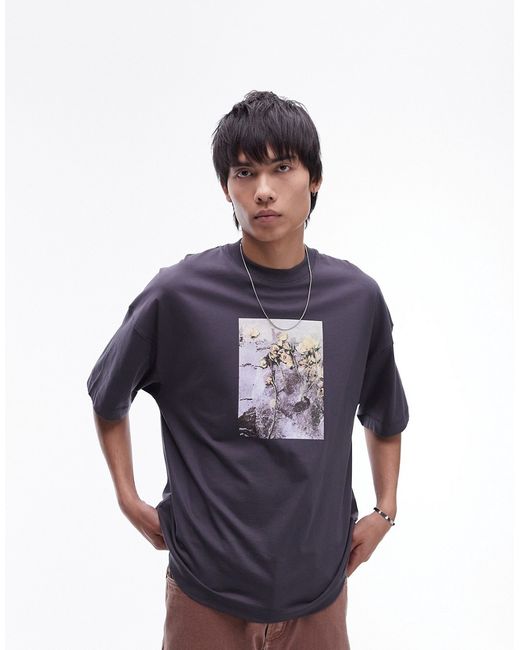 Topman premium extreme oversized fit T-shirt with frozen floral print charcoal-