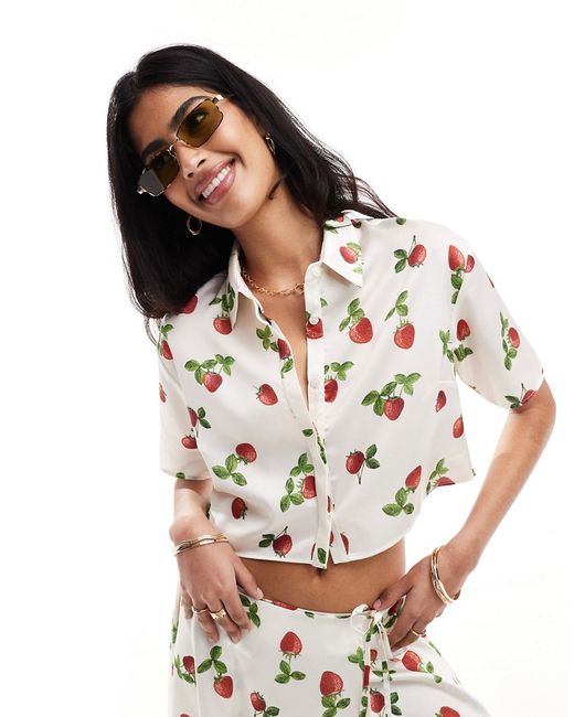 Asos Design crop satin shirt strawberry print part of a set-
