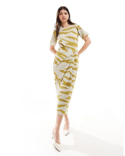 Asos Design short sleeve plisse twist skirt midi dress green zebra print-