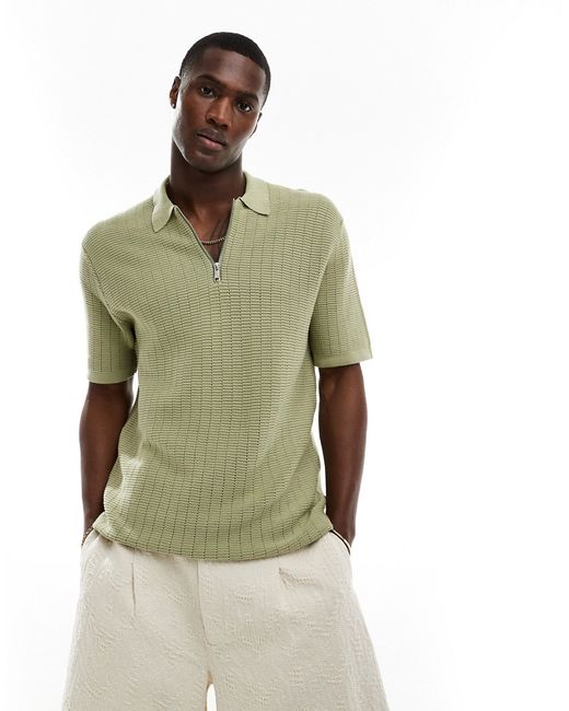 Only & Sons half zip open knit polo shirt sage