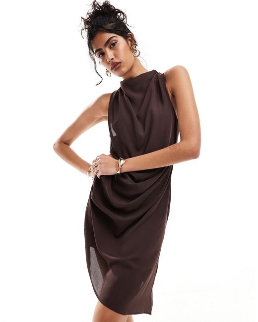 Asos Design cowl neck drape asymmetric midi dress chocolate-