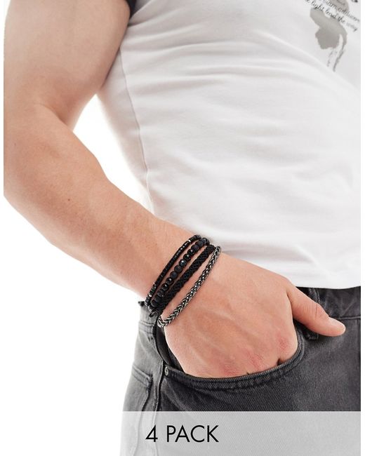Asos Design 4 pack bracelet set chain bead and cord mix black-