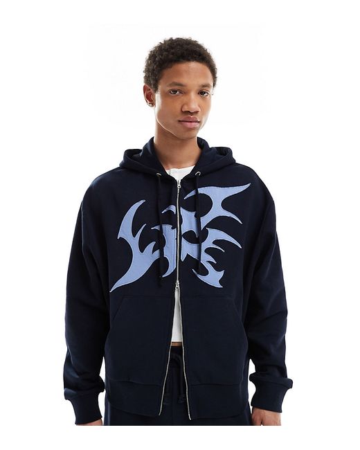 Collusion embroidered zip through hoodie navy part of a set-