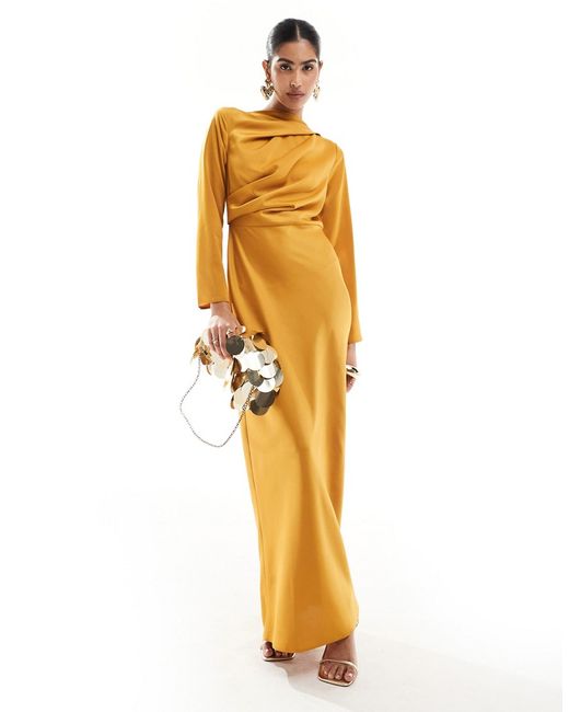 Asos Design satin button shoulder maxi dress with drape bodice detail mustard-
