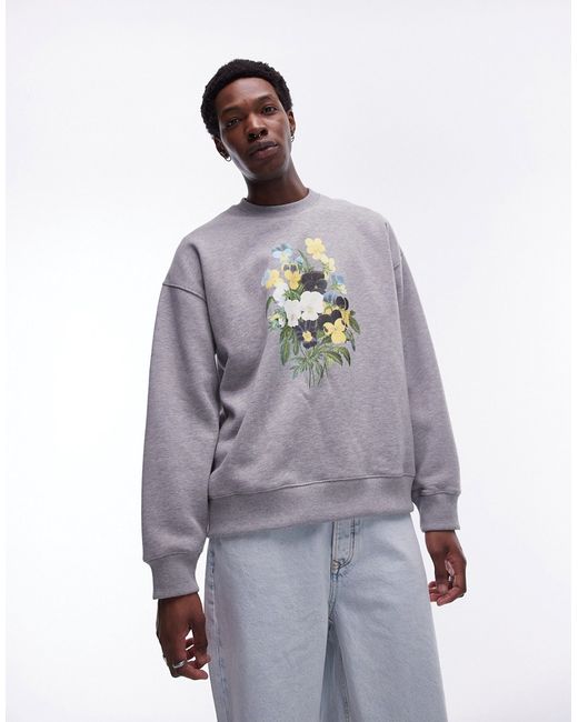 Topman oversized fit sweatshirt with flowers embroidery print heather