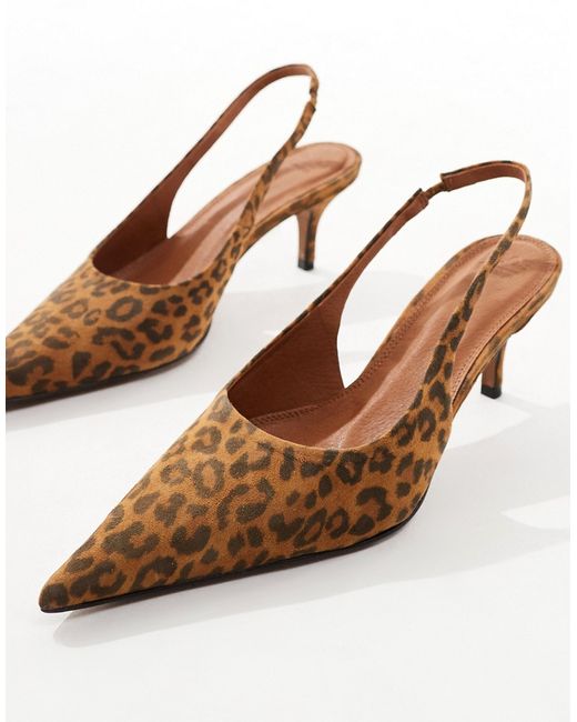 Asos Design Solo premium leather slingback mid heeled shoes leopard-