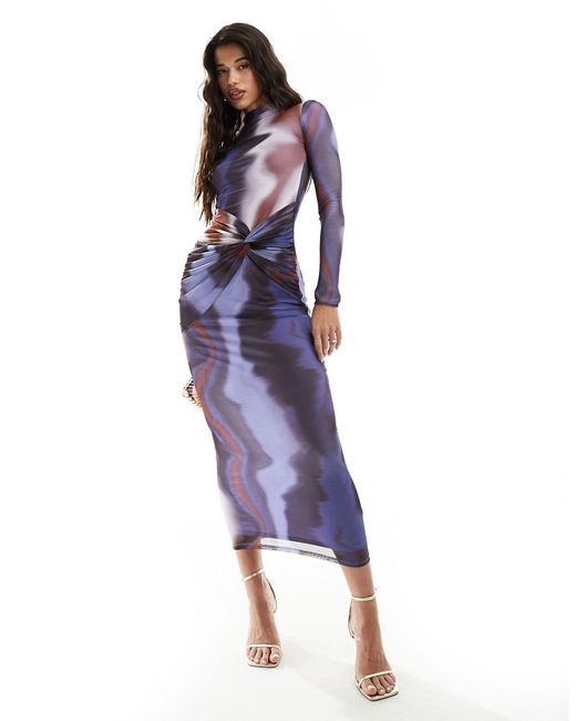 Asos Design long sleeve mesh maxi dress with ruching stripe smudge print-