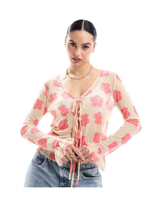 Pieces mesh tie front blouse with red floral print cream-