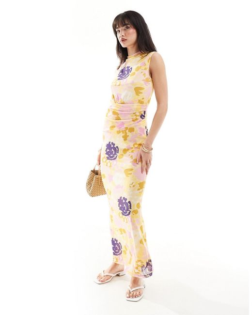 Vero Moda high neck sleeveless mesh maxi dress lemon floral print-