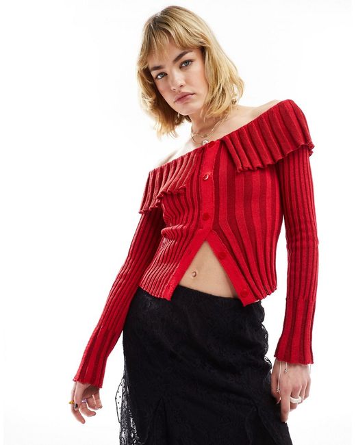 Reclaimed Vintage pleated ribbed knit off shoulder top