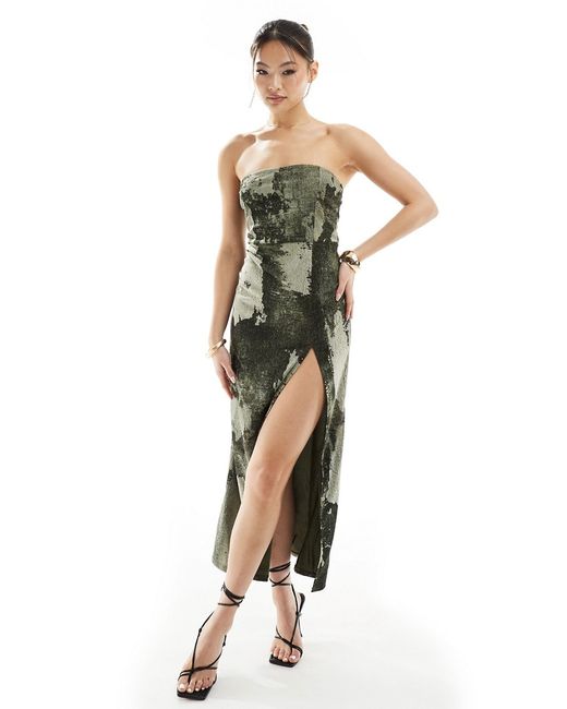 Asos Design bandeau maxi dress with high split distressed print-