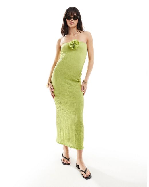 Asos Design textured bandeau midi dress with corsage lime-