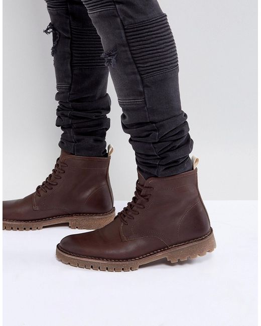 Asos Lace Up Boots In Leather With Cleated Sole