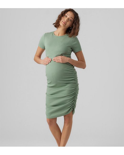 Mama.licious Maternity 2 function nursing short sleeved ruched side midi dress sage