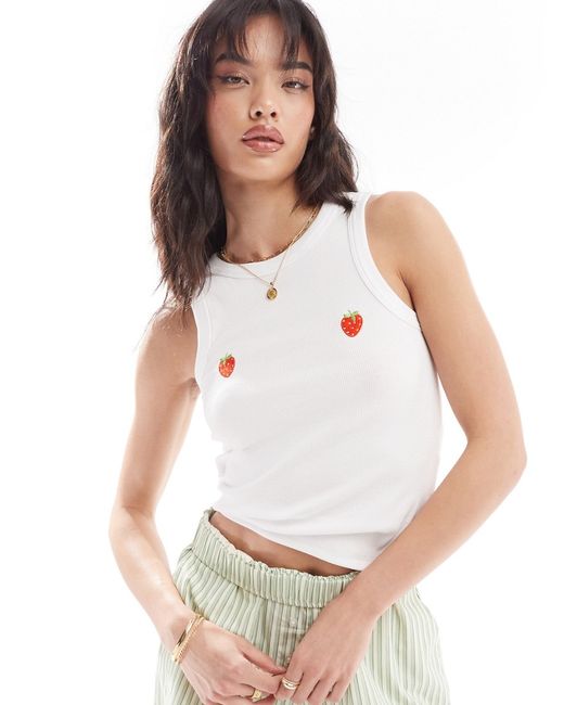 Pieces racer back tank top with embroidered strawberry placement print