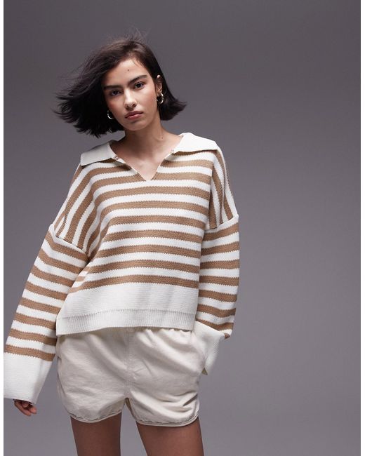 TopShop knit collared striped sweater brown and white-
