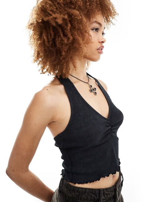 Reclaimed Vintage rib ruched halter neck top charcoal-