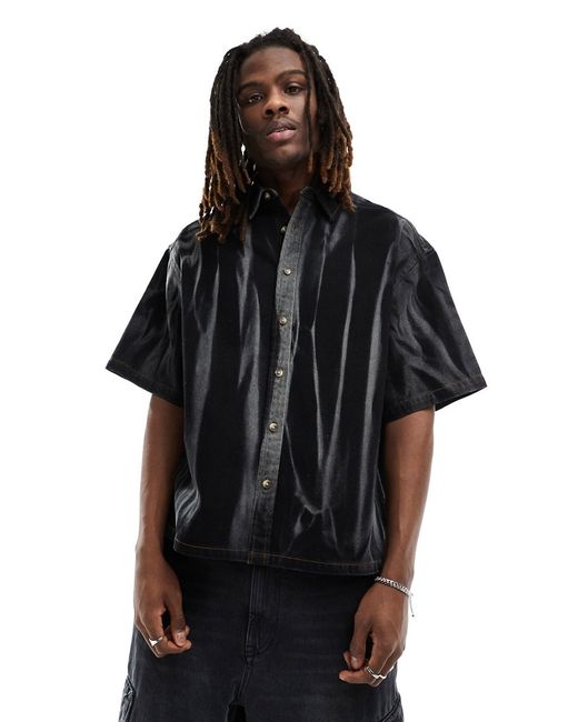 Asos Design boxy oversized short sleeve denim shirt with acid wash stripes