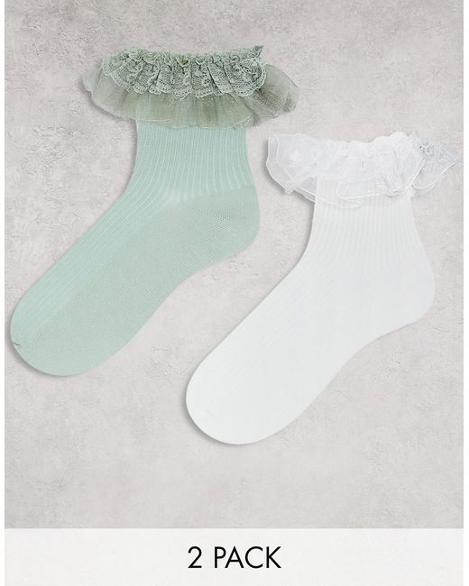 Monki 2 pack frill ankle socks white and green-