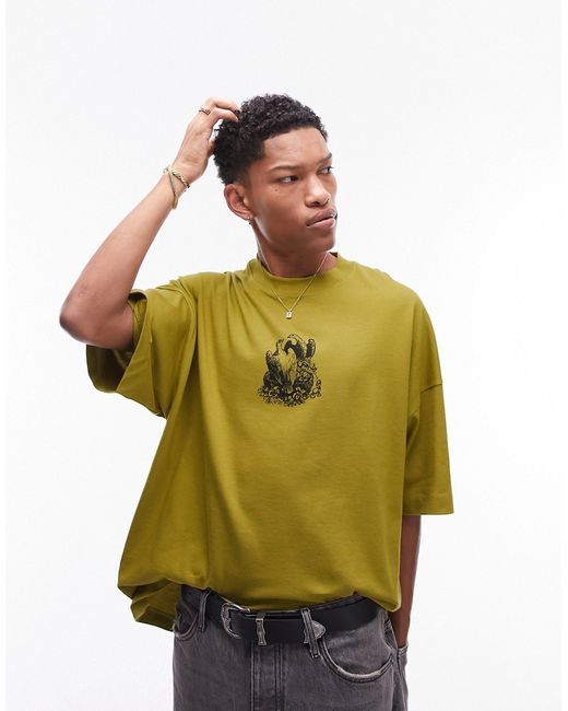 Topman premium extreme oversized fit t-shirt with front and back nesting doves print olive-