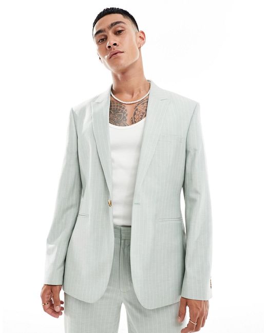 Asos Design slim linen mix suit jacket sage pinstripe