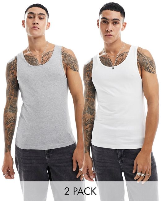 Asos Design 2 pack muscle fit tank white and gray heather-