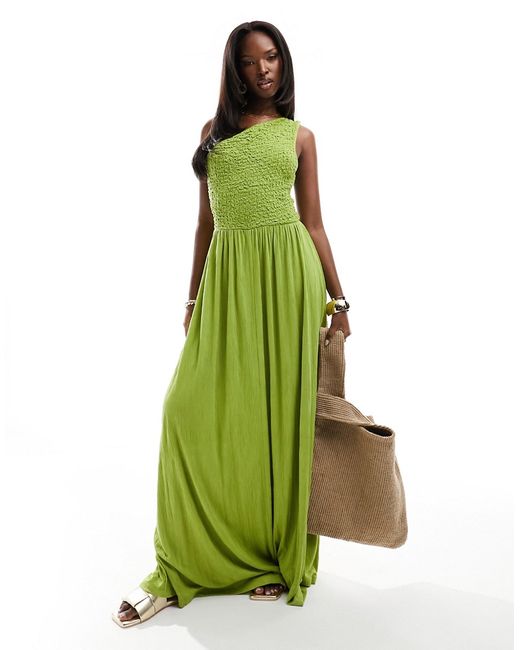 Asos Design shirred crinkle one shoulder maxi dress chartreuse-
