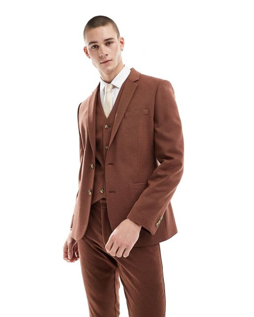 Asos Design wedding skinny suit jacket linen mix micro texture