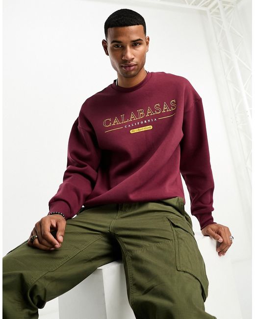 Jack & Jones oversized sweatshirt with Calabasas print burgundy-