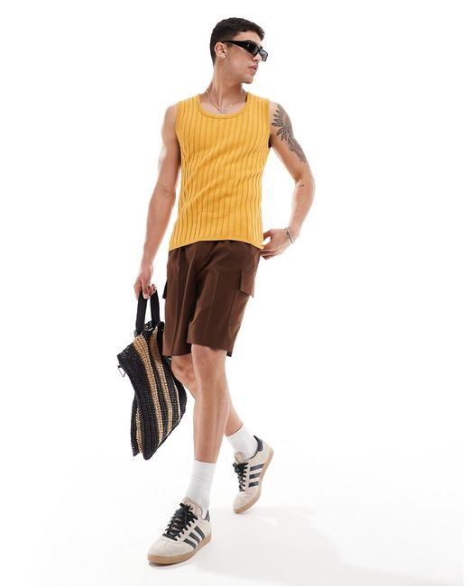 Asos Design lightweight rib knit scoop neck muscle tank top mustard-