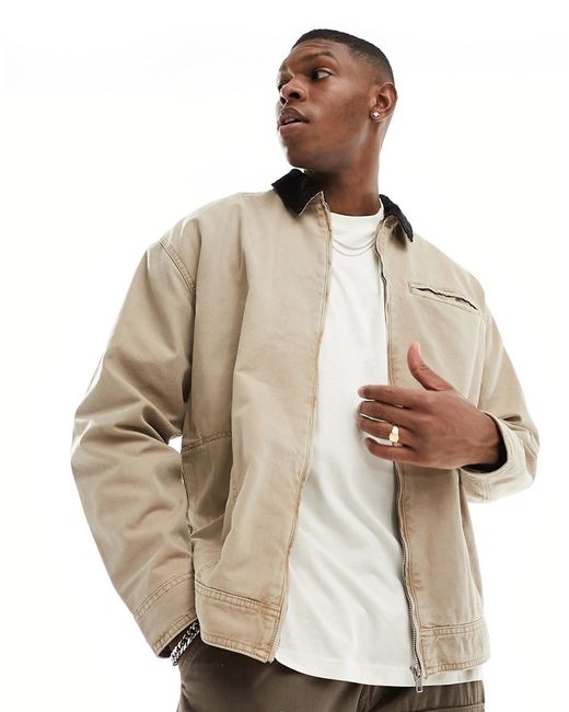 Asos Design oversized washed harrington jacket with cord collar stone-