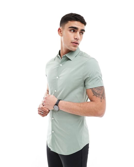 Asos Design skinny fit shirt with roll sleeves sage