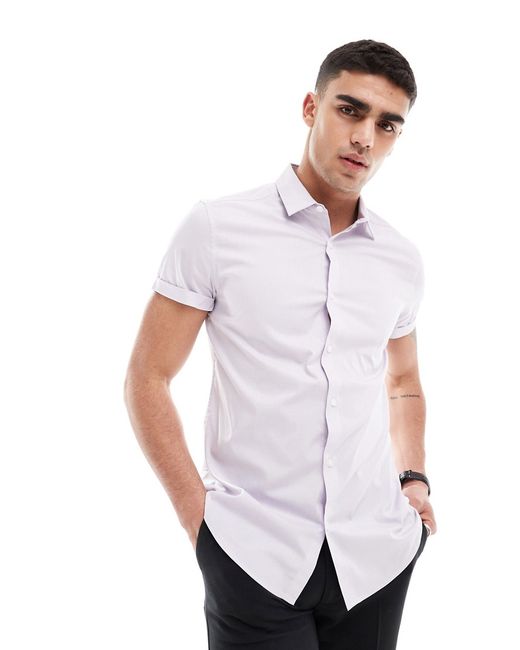 Asos Design stretch slim fit work shirt with rolled sleeves lilac-