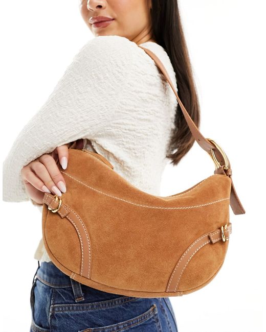 Asos Design suede slouch double strap and buckle shoulder bag tan-