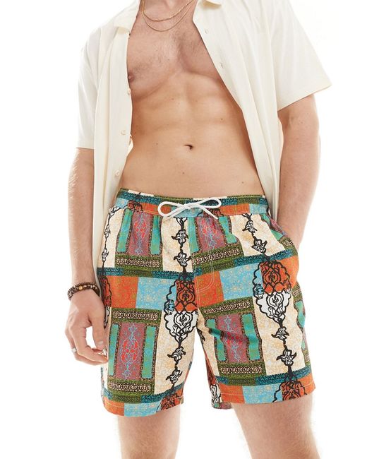 Asos Design swim shorts mid length bright patchwork print-