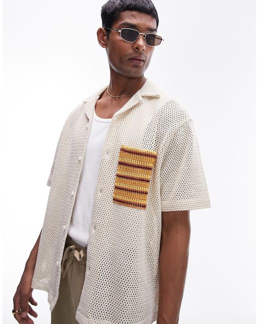 Topman short sleeve crochet pocket shirt stone-