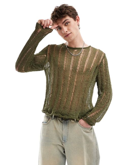 Collusion distressed knit sweater khaki-
