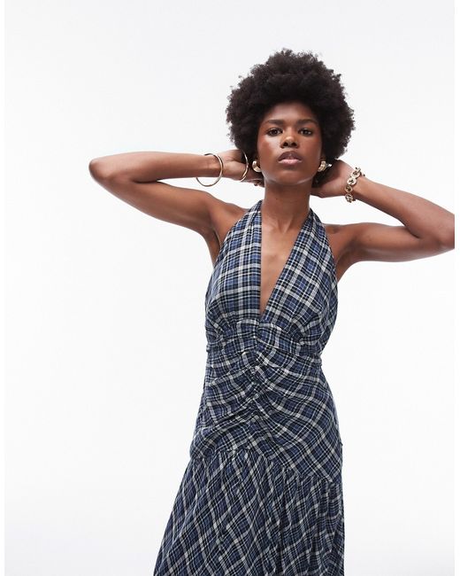 TopShop halterneck ruched front textured maxi dress check