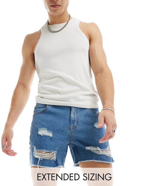 Asos Design short length denim shorts with rips mid wash