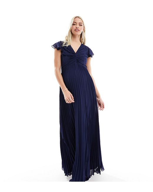 TFNC Maternity Bridesmaid chiffon maxi dress with flutter sleeve and pleated skirt navy-
