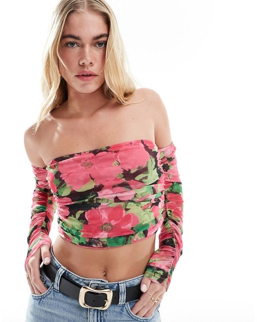 Only ruched detail mesh cropped bardot top multi floral-