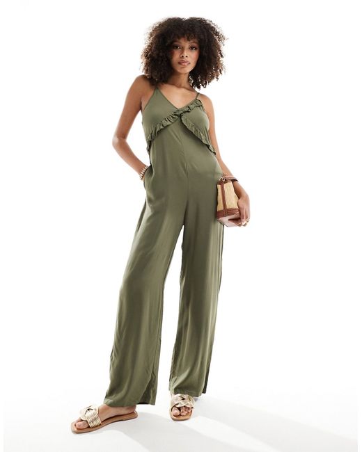 Only strappy frilled wide leg jumpsuit khaki-