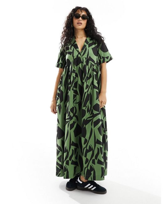 Asos Design smock midi shirt dress with revere collar khaki abstract print-